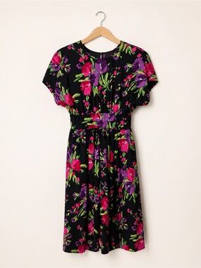 Stuart Alan Vintage Cotton Black Floral Midi Dress -Pink & Purple Print Size 12
